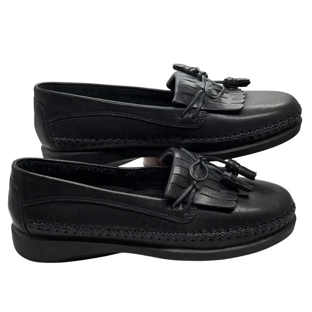 Dexter Loafers Women‎ 6.5W Black Leather Kiltie Tassel Low Wedge Comfort Classic